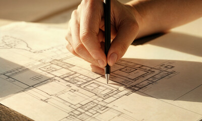 A close-up view of hands sketching, one working on an architectural plan and the other on a portrait, showcasing the creative process and artistic precision involved in design and illustration.