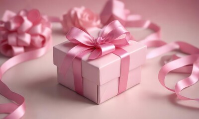 Fototapeta premium A delicate pink ribbon wrapped around a small gift box with a soft, velvety texture, gift boxes with ribbon, feminine gift, ribbons and bows