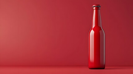 A single red beer bottle stands against a red background