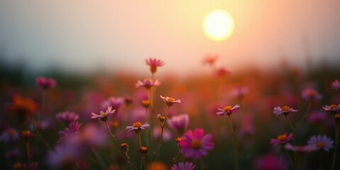 A field of delicate pink wildflowers bathed in the golden glow of the setting sun, creating a serene and picturesque scene.