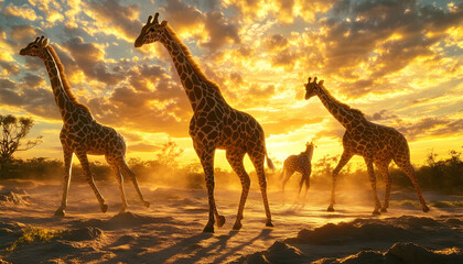 Obraz premium 3D Illustration Majestic Giraffes at Golden Sunset