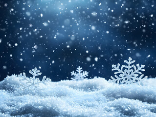 abstract winter-themed blue background with shimmering snow and beautifully patterned snowflakes