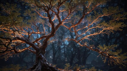 A futuristic tree with thick, glassy bark and glowing branches that resemble a network of fiber optics, neon greenery, glowing branches