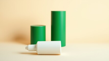 A white bottle with a dropper tip resting on a beige surface with two green cylindrical containers behind it