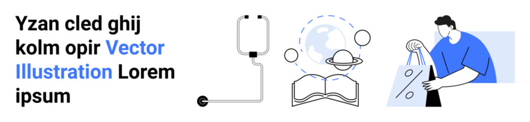 Text beside an array of elements including a stethoscope, planet, book, and person holding shopping bags. Ideal for education, technology, science, e-commerce, healthcare learning futuristic