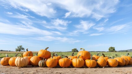 A group of pumpkins arranged in a decorative pattern on the ground in front of a beautiful blue-sky backdrop with a few trees and hills in the distance, arrangement, festive