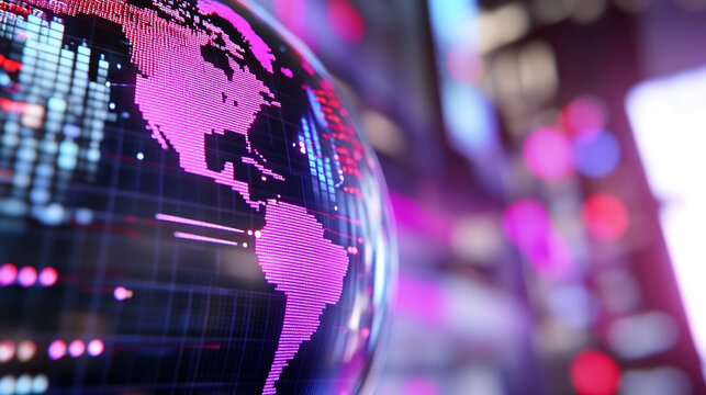 Global data network, financial market, city backdrop, digital world
