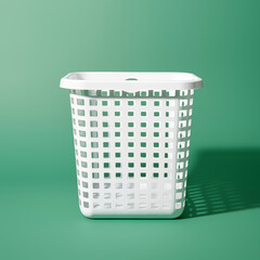 White Plastic Laundry Basket on Green Background
