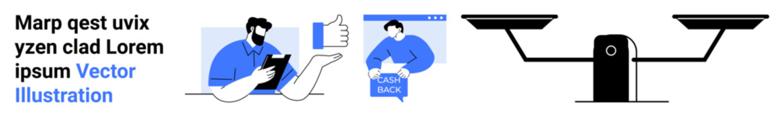 Person using a tablet, thumbs up icon, customer feedback, and balance scale. Ideal for business analytics, customer satisfaction, technology integration, product reviews, balance, decision making