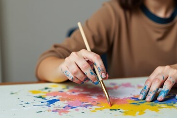 Close-up of a young artist’s hands holding a brush, covered in colorful paint, creating abstract vibrant strokes on a half-finished canvas, symbolizing creativity and art.