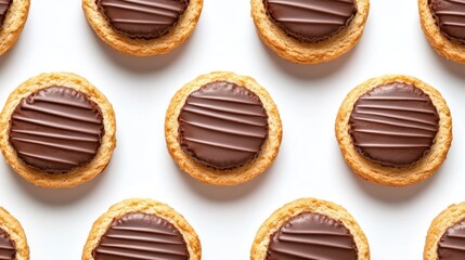 Oval chocolate cookies arranged in a repeating pattern on a white background.