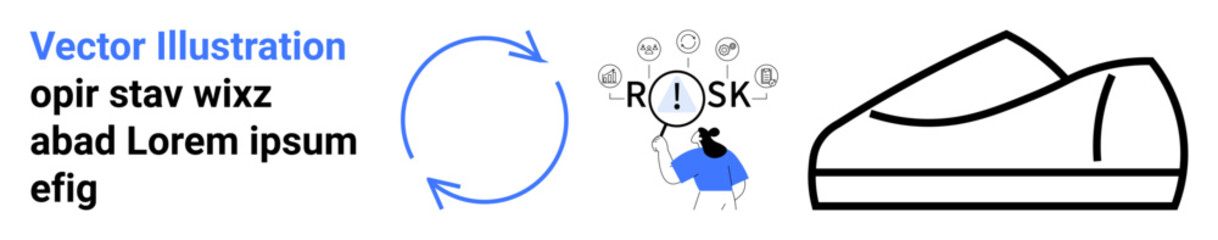 Vector graphic featuring a blue lifecycle arrow, person with risk icons, and black shoe sketch. Ideal for business strategies, project planning, risk management, lifecycle illustration, footwear