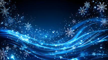 abstract winter-themed blue background with shimmering snow and beautifully patterned snowflakes