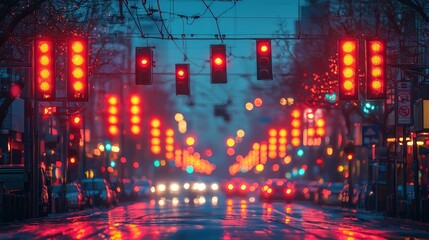 Obraz premium Urban street scene with red traffic lights at dusk.