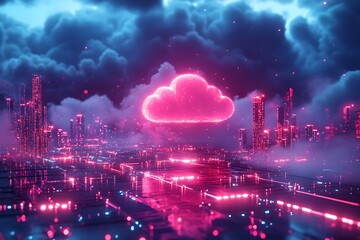 A dynamic, digital landscape of a cloud ecosystem with data nodes and pathways illuminated by neon lights, showcasing efficient data processing