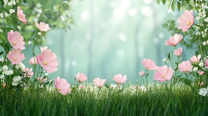 Serene Natural Landscape with Soft Pink Flowers Blooming Among Lush Green Grass and Gentle Light