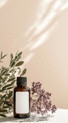 Amber Essential Oil Bottle Mockup  Blank Label  Natural Skincare  Herbal  Beige Background