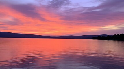 Fototapeta premium Serene Sunset Over Calm Lake And Mountains