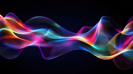 Naklejka premium Prompt: A vibrant holographic ribbon flows in dynamic waves, its iridescent surface reflecting a fluid spectrum of colors. The abstract composition is vividly detailed.