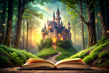 Magic fairy tale castle in green forest with magic book. Fairy tale concept. Created with AI Generative