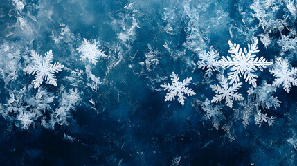 abstract winter-themed blue background with shimmering snow and beautifully patterned snowflakes