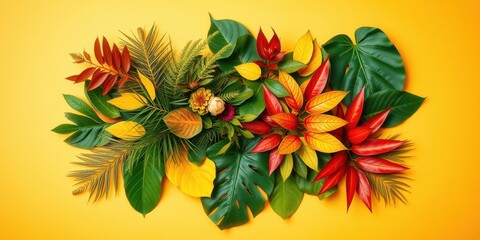 A vibrant arrangement of colorful leaves and flowers in a symmetrical design on a bright yellow backdrop.