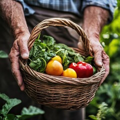 Farmer holding basket fresh vegetables garden harvest
