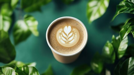 paper cup with coffee latte art surrounded by leaf