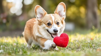 A cheerful Welsh Corgi playing with a Valentine's heart-shaped toy