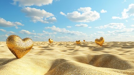 Glistening heart shapes on golden sand under a serene blue sky