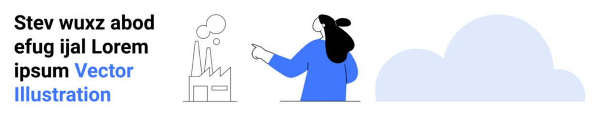 Person with long hair pointing at a factory emitting smoke. Ideal for environmental awareness, industrial impact, infographic, presentations, corporate reports, educational materials, design