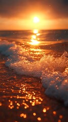 Golden sunset ocean waves, sparkling water, serene beach scene, tranquil nature view.