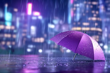 Purple rain, city lights, city skyline, raindrops in the air, purple light rays, purple sky, purple glow