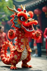 Naklejka premium Colorful dragon dance performance in traditional Chinese attire, music, lion dance