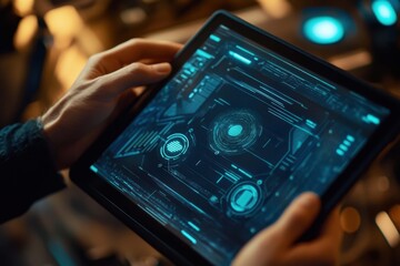 Innovative technology interface displayed on a touchscreen tablet in a futuristic workspace environment