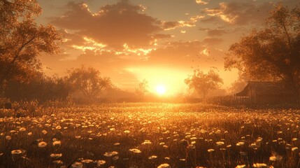 Golden sunset over daisy field by village.