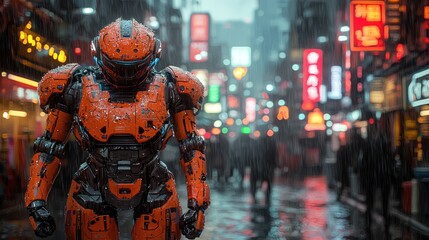 Futuristic robot in a rainy urban setting.