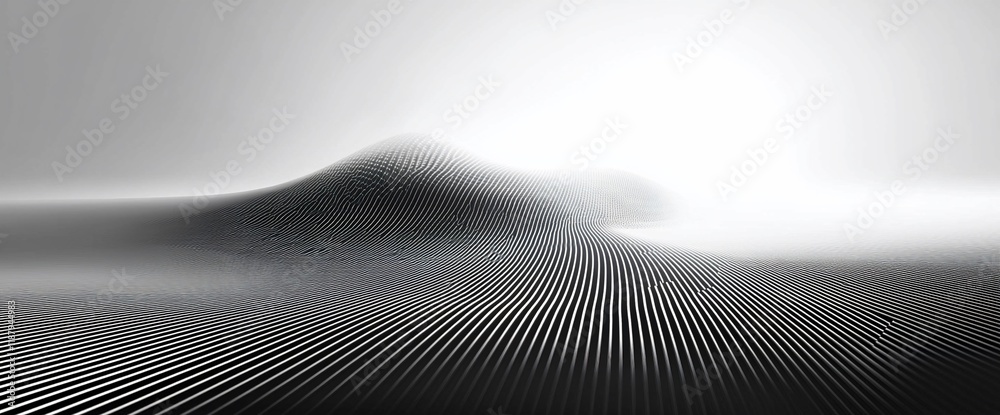 Poster abstract grayscale landscape with a textured hill and lines.