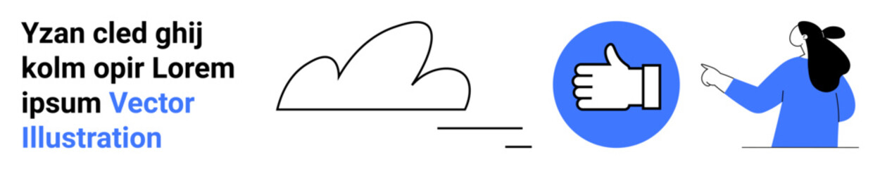 User wearing blue pointing at large thumbs-up icon, cloud shape and sample text block. Ideal for web design, feedback, digital marketing, user experience, social media, customer support, banner