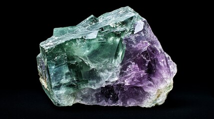 Vibrant multicolored fluorite crystal on black background