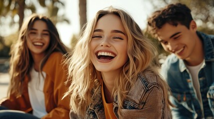 Fototapeta premium Group of diverse young people laughing together, showcasing unity, friendship, and the joy of shared moments in a multicultural setting.