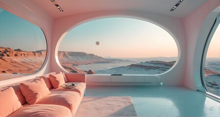 Fototapeta premium A futuristic space-themed room with a pink couch and large windows showing a view of distant mountains and planets