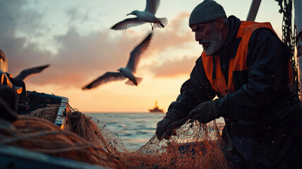 Seasoned Fisherman Mending Nets. Dawn on trawler deck. Weathered skin, grey beard, seagulls. Authentic maritime profession. Rugged & skilled labor