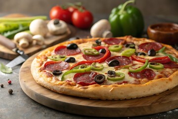 Tasty Italian pizzas with various toppings like salami, tomatoes, olives, and vegetables are delicious baked meals