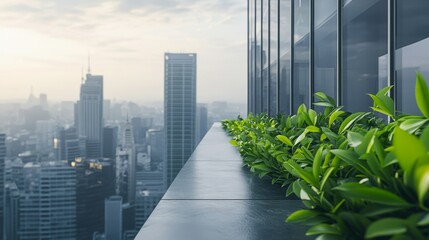 Urban skyline with greenery on modern high-rise balcony overlooking cityscape
