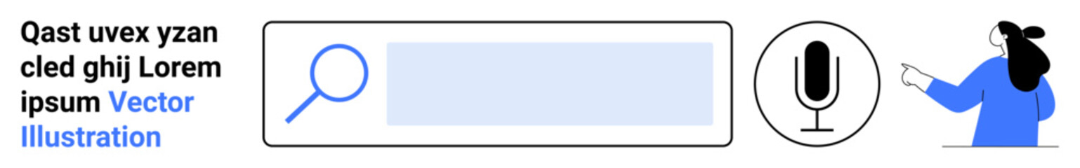 Search bar with magnifying glass icon, microphone symbol for voice search, and person in blue jacket pointing. Ideal for websites, apps, search engines, online tutorials, digital guides, user