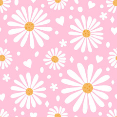 Chamomile flowers seamless pattern. Hand drawn isolated sparsely scattered white daisy flowers, dots and hearts on pink background. Cute daisy floral baby allover backdrop