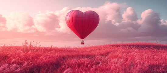 Obraz premium Heart balloon floats over pink field, sunset