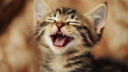 Adorable tabby kitten joyfully meowing with closed eyes