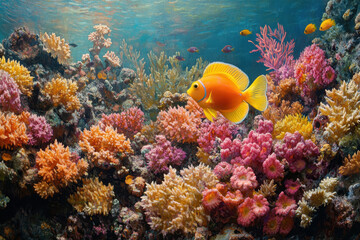 Colorful coral reef thriving with diverse marine life during a sunny day underwater